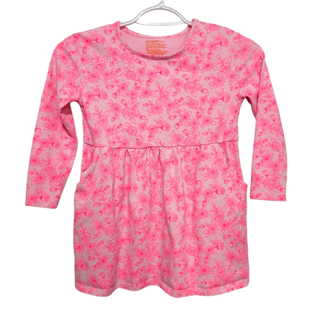 Cat & Jack Pink Floral Long Sleeve Dress With Pockets XS (4/5)